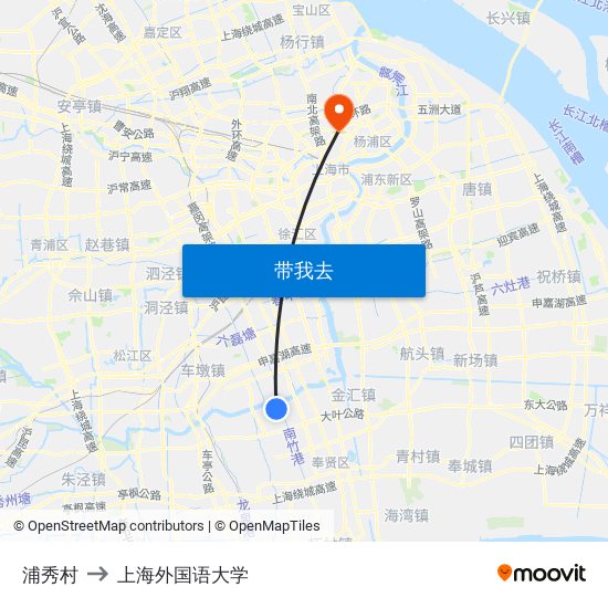 浦秀村 to 上海外国语大学 map