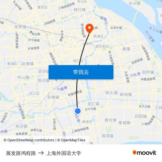 展发路鸿程路 to 上海外国语大学 map