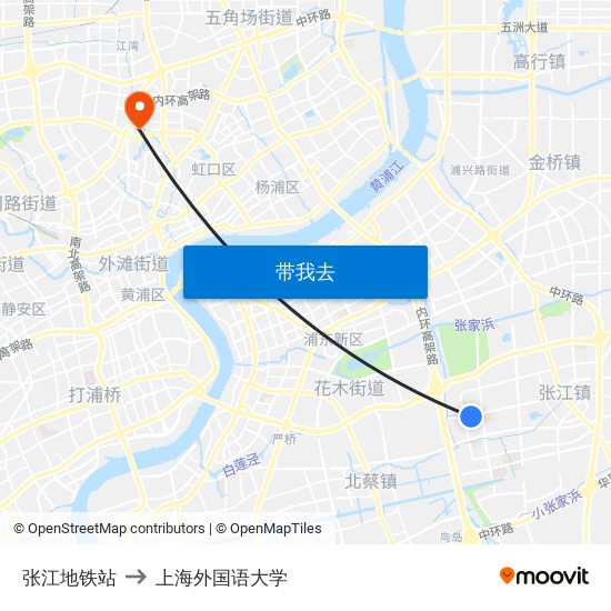 张江地铁站 to 上海外国语大学 map