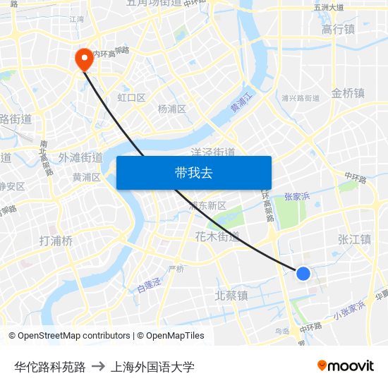 华佗路科苑路 to 上海外国语大学 map