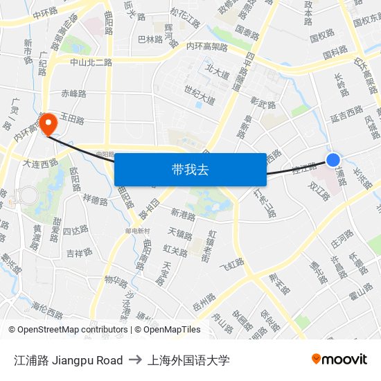 江浦路 Jiangpu Road to 上海外国语大学 map