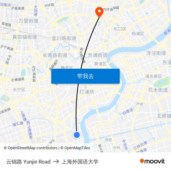 云锦路 Yunjin Road to 上海外国语大学 map