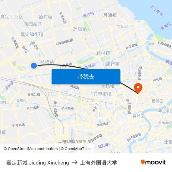嘉定新城 Jiading Xincheng to 上海外国语大学 map