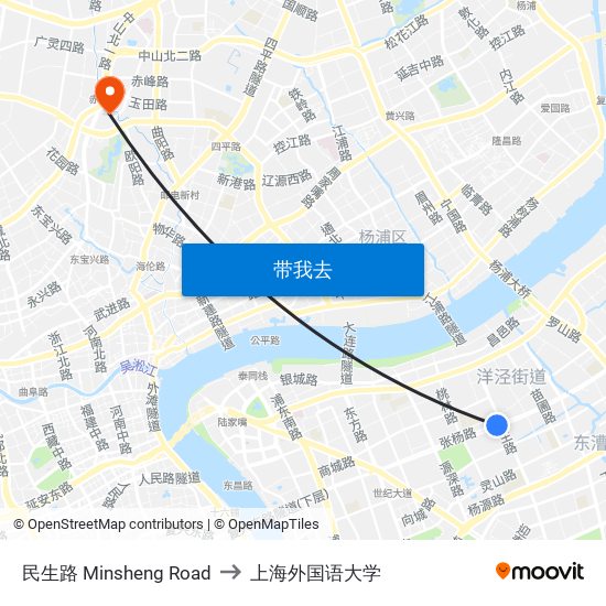 民生路 Minsheng Road to 上海外国语大学 map