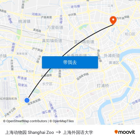 上海动物园 Shanghai Zoo to 上海外国语大学 map