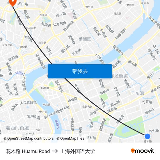 花木路 Huamu Road to 上海外国语大学 map