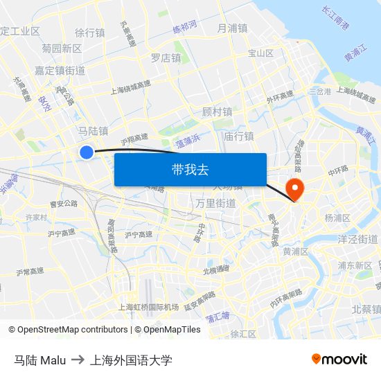 马陆 Malu to 上海外国语大学 map