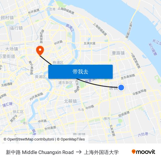 新中路 Middle Chuangxin Road to 上海外国语大学 map