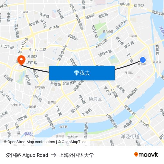 爱国路 Aiguo Road to 上海外国语大学 map