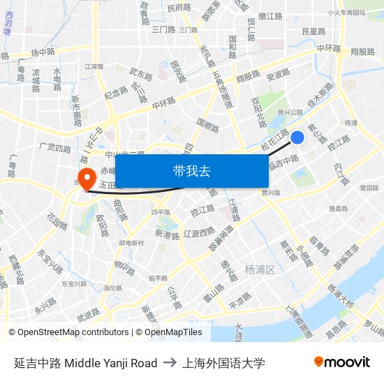 延吉中路 Middle Yanji Road to 上海外国语大学 map