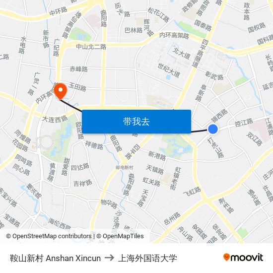 鞍山新村 Anshan Xincun to 上海外国语大学 map