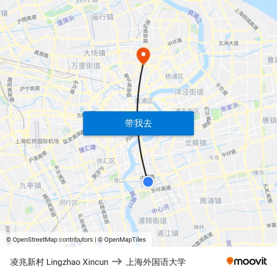 凌兆新村 Lingzhao Xincun to 上海外国语大学 map