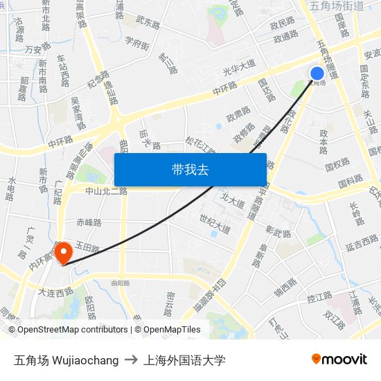 五角场 Wujiaochang to 上海外国语大学 map