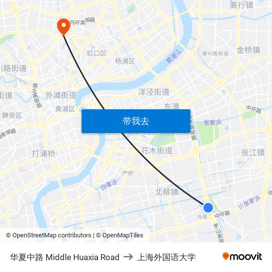 华夏中路 Middle Huaxia Road to 上海外国语大学 map