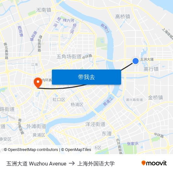 五洲大道 Wuzhou Avenue to 上海外国语大学 map