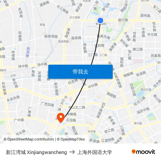 新江湾城 Xinjiangwancheng to 上海外国语大学 map