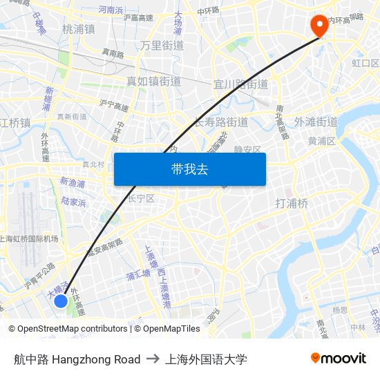航中路 Hangzhong Road to 上海外国语大学 map