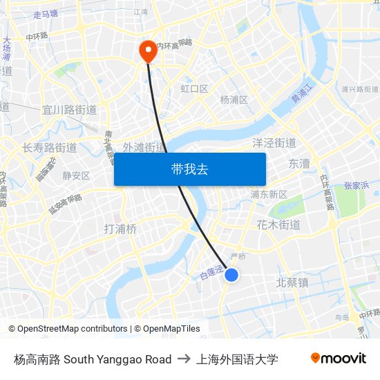 杨高南路 South Yanggao Road to 上海外国语大学 map