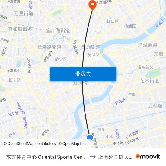 东方体育中心 Oriental Sports Center to 上海外国语大学 map