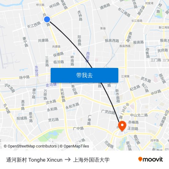 通河新村 Tonghe Xincun to 上海外国语大学 map