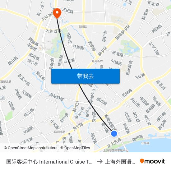 国际客运中心 International Cruise Terminal to 上海外国语大学 map