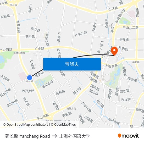 延长路 Yanchang Road to 上海外国语大学 map