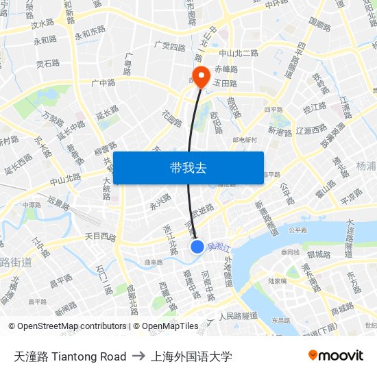 天潼路 Tiantong Road to 上海外国语大学 map