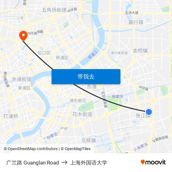 广兰路 Guanglan Road to 上海外国语大学 map