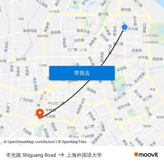 市光路 Shiguang Road to 上海外国语大学 map