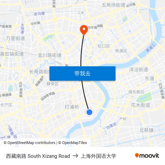 西藏南路 South Xizang Road to 上海外国语大学 map