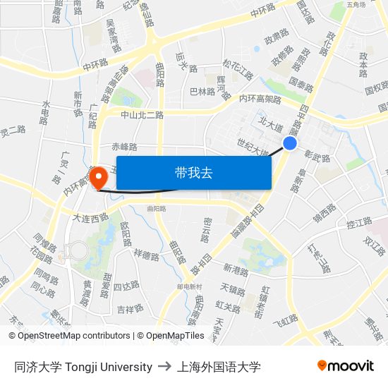 同济大学 Tongji University to 上海外国语大学 map