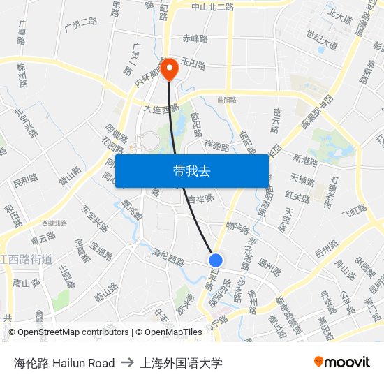 海伦路 Hailun Road to 上海外国语大学 map