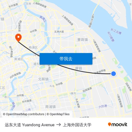 远东大道 Yuandong Avenue to 上海外国语大学 map
