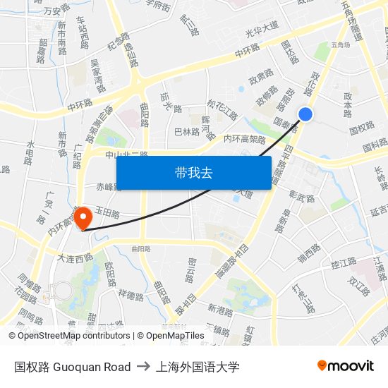 国权路 Guoquan Road to 上海外国语大学 map