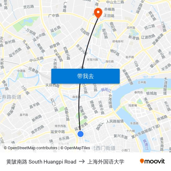 黄陂南路 South Huangpi Road to 上海外国语大学 map