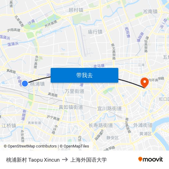 桃浦新村 Taopu Xincun to 上海外国语大学 map