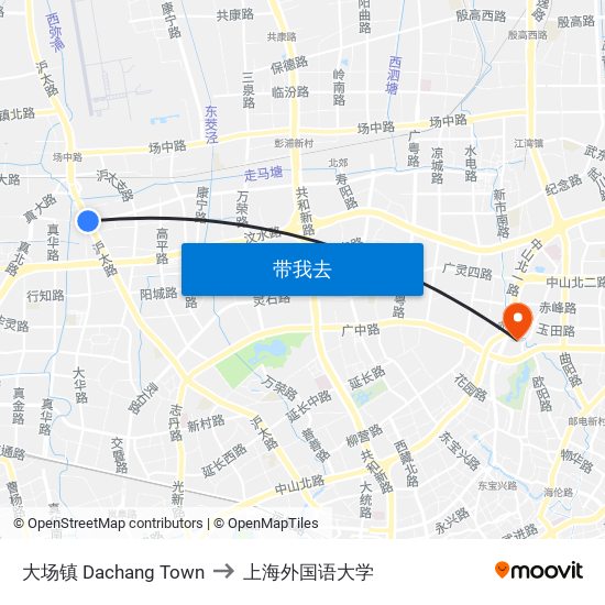 大场镇 Dachang Town to 上海外国语大学 map