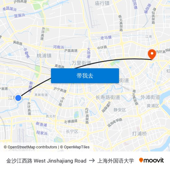 金沙江西路 West Jinshajiang Road to 上海外国语大学 map