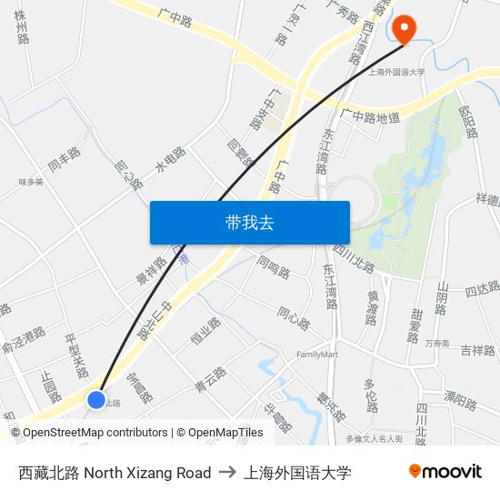 西藏北路 North Xizang Road to 上海外国语大学 map