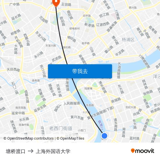 塘桥渡口 to 上海外国语大学 map