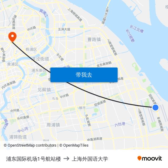 浦东国际机场1号航站楼 to 上海外国语大学 map