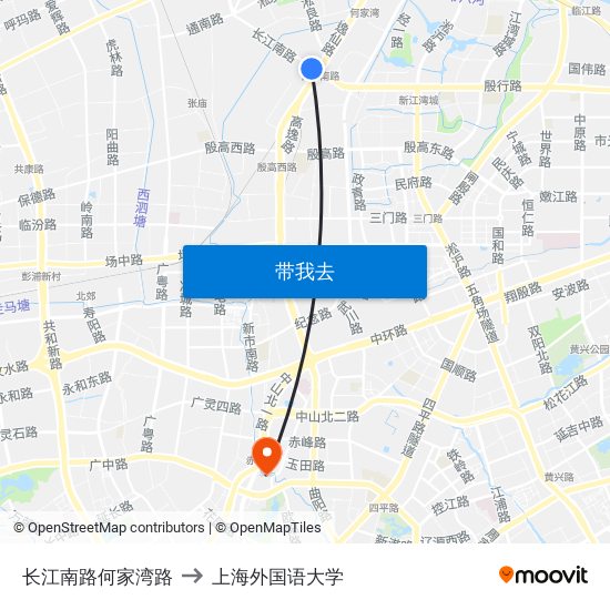 长江南路何家湾路 to 上海外国语大学 map