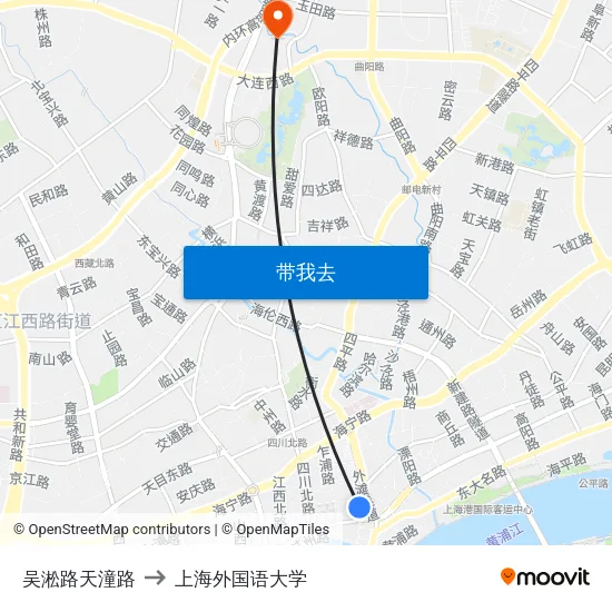 吴淞路天潼路 to 上海外国语大学 map