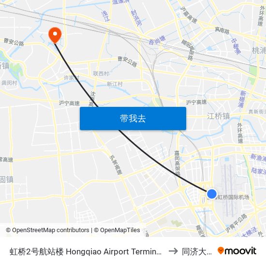 虹桥2号航站楼 Hongqiao Airport Terminal 2 to 同济大学 map