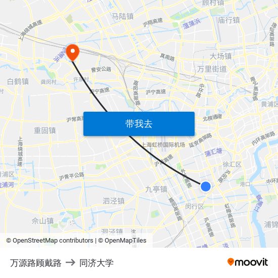 万源路顾戴路 to 同济大学 map