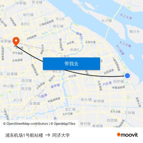 浦东机场1号航站楼 to 同济大学 map