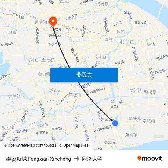 奉贤新城 Fengxian Xincheng to 同济大学 map