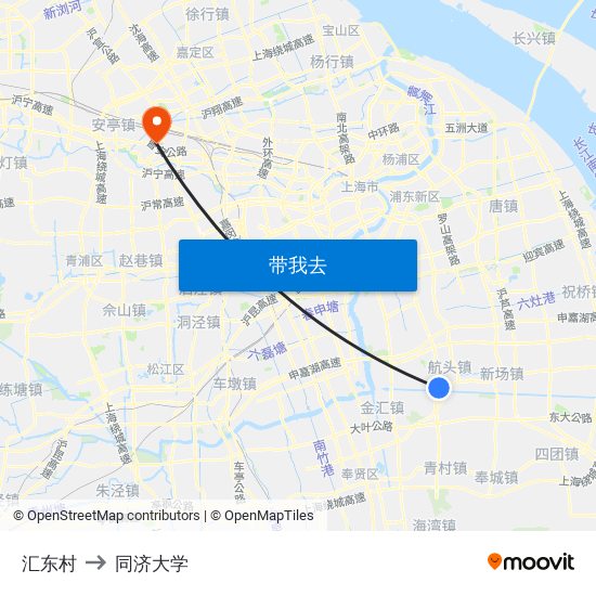 汇东村 to 同济大学 map