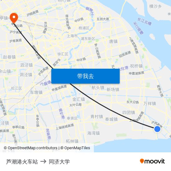 芦潮港火车站 to 同济大学 map