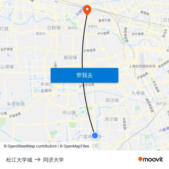 松江大学城 to 同济大学 map